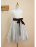 Silver Grey Satin Tulle Flower Girl Dress 